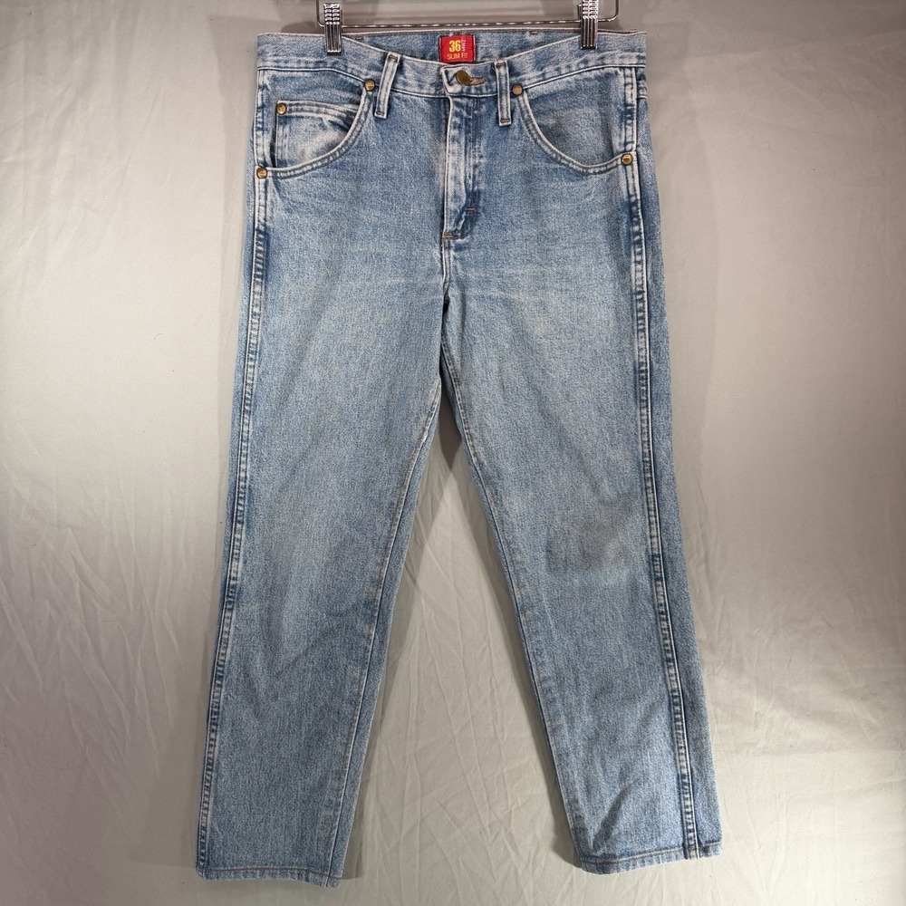 Wrangler 36MWZ Jeans Mens 30x27 Light Wash Denim Cowboy Cut Western Patch Y2K